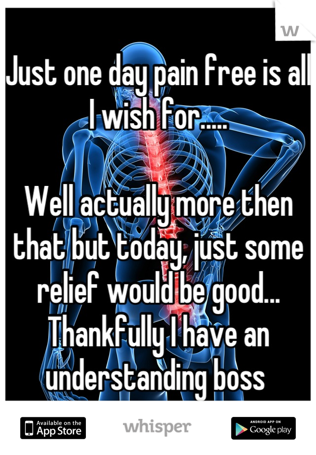 Just one day pain free is all I wish for.....

Well actually more then that but today, just some relief would be good... Thankfully I have an understanding boss 