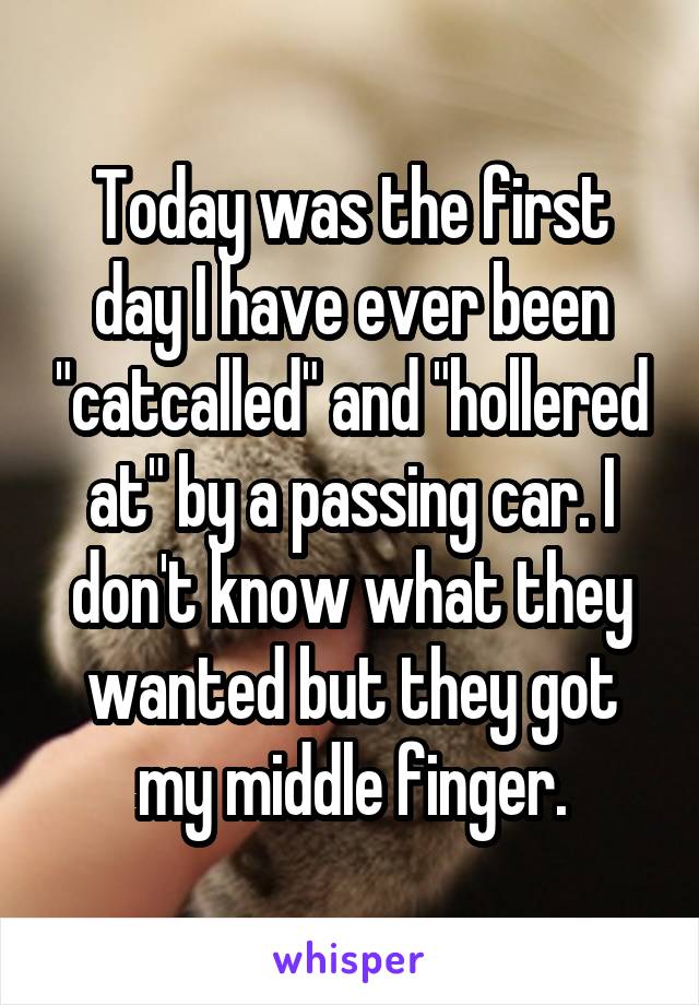 Today was the first day I have ever been "catcalled" and "hollered at" by a passing car. I don't know what they wanted but they got my middle finger.