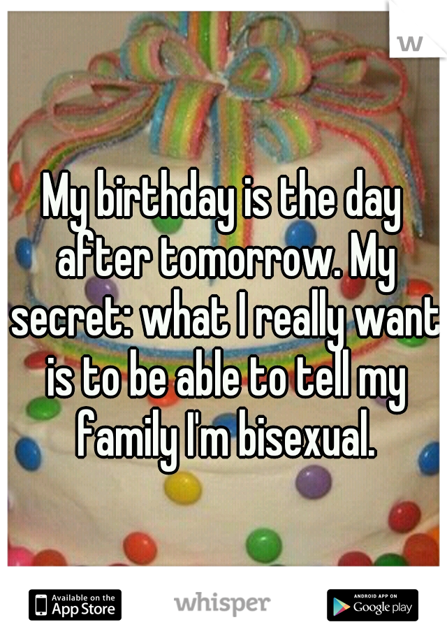 My birthday is the day after tomorrow. My secret: what I really want is to be able to tell my family I'm bisexual.