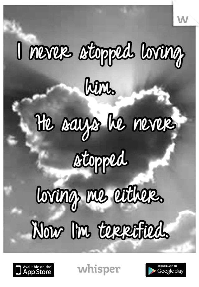 I never stopped loving him.
 He says he never stopped 
loving me either. 
Now I'm terrified.