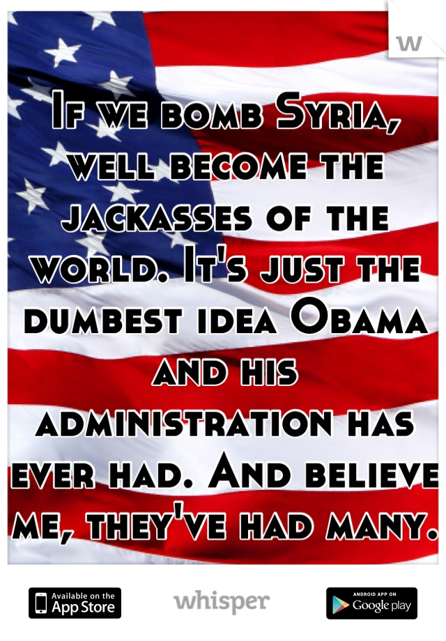 If we bomb Syria, well become the jackasses of the world. It's just the dumbest idea Obama and his administration has ever had. And believe me, they've had many. 