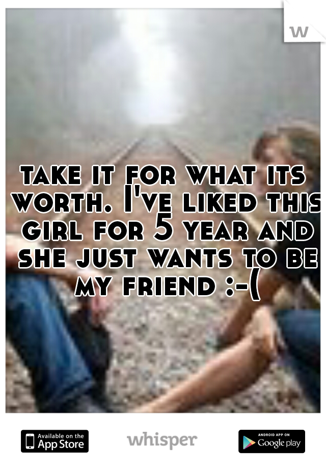take it for what its worth. I've liked this girl for 5 year and she just wants to be my friend :-(