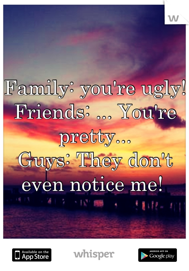 Family: you're ugly! 
Friends: ... You're pretty... 
Guys: They don't even notice me! 
