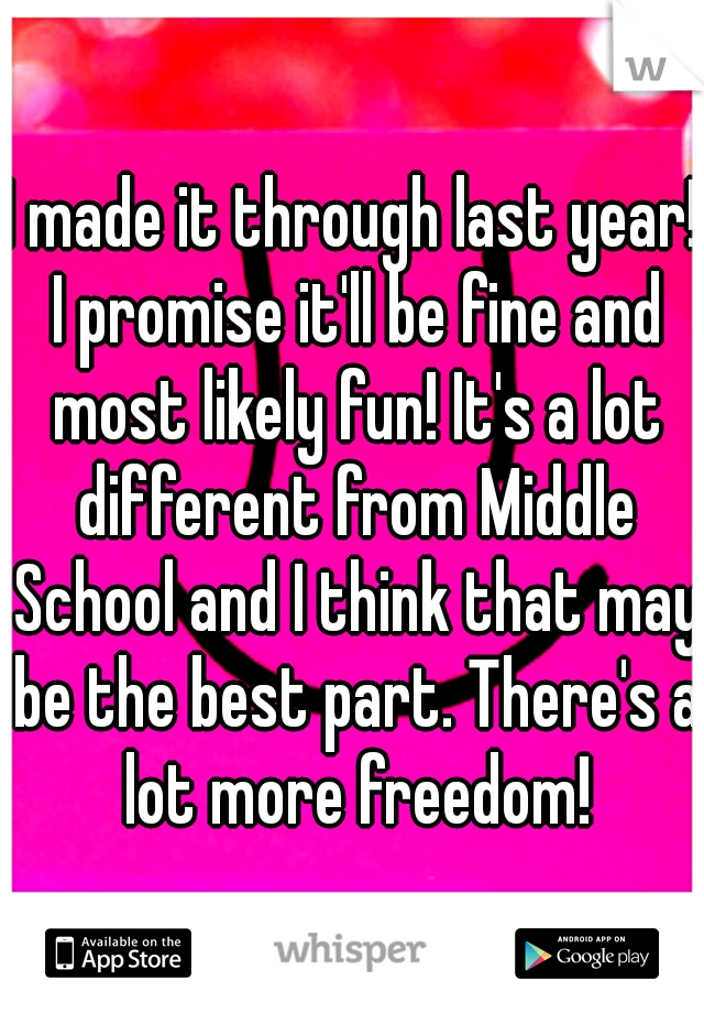I made it through last year! I promise it'll be fine and most likely fun! It's a lot different from Middle School and I think that may be the best part. There's a lot more freedom!