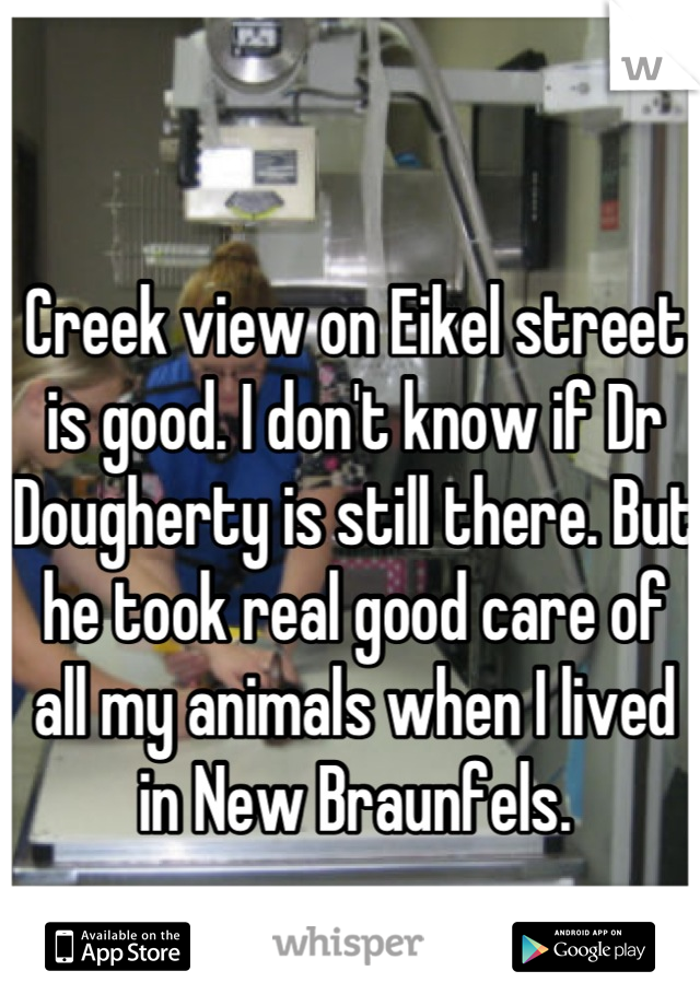 Creek view on Eikel street is good. I don't know if Dr Dougherty is still there. But he took real good care of all my animals when I lived in New Braunfels.
