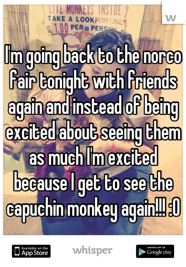 I'm going back to the norco fair tonight with friends again and instead of being excited about seeing them as much I'm excited because I get to see the capuchin monkey again!!! :0