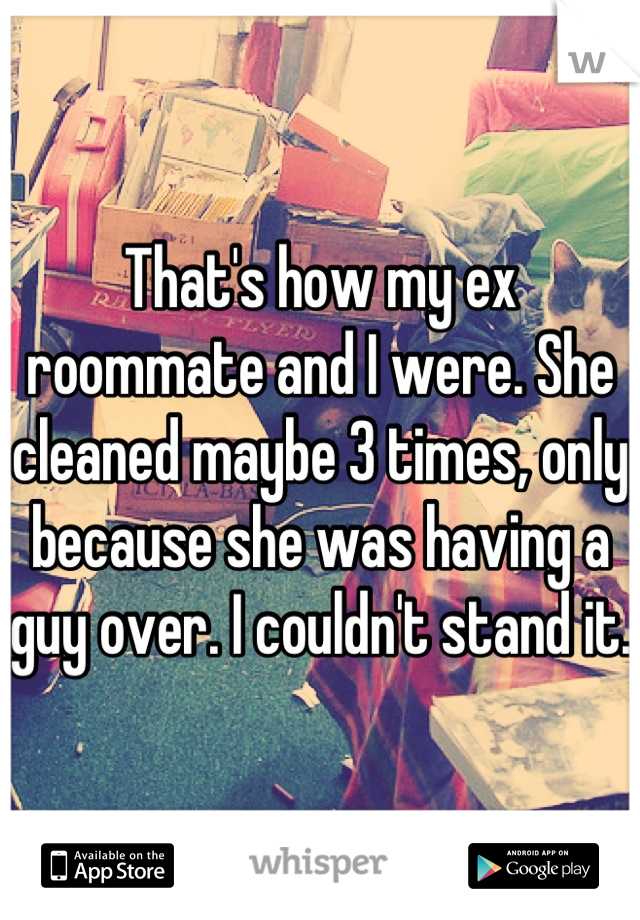 That's how my ex roommate and I were. She cleaned maybe 3 times, only because she was having a guy over. I couldn't stand it. 