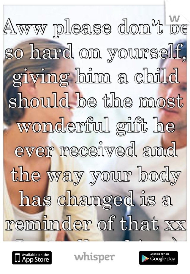 Aww please don't be so hard on yourself, giving him a child should be the most wonderful gift he ever received and the way your body has changed is a reminder of that xx
Just talk to him :)