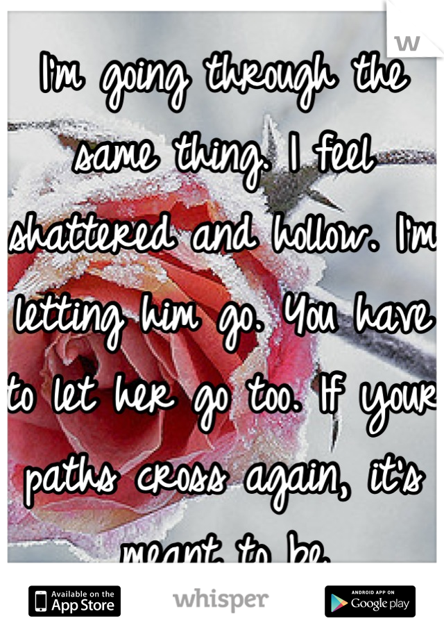 I'm going through the same thing. I feel shattered and hollow. I'm letting him go. You have to let her go too. If your paths cross again, it's meant to be