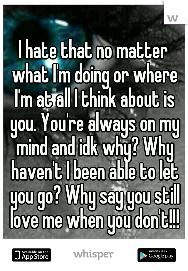 I hate that no matter what I'm doing or where I'm at all I think about is you. You're always on my mind and idk why? Why haven't I been able to let you go? Why say you still love me when you don't!!!