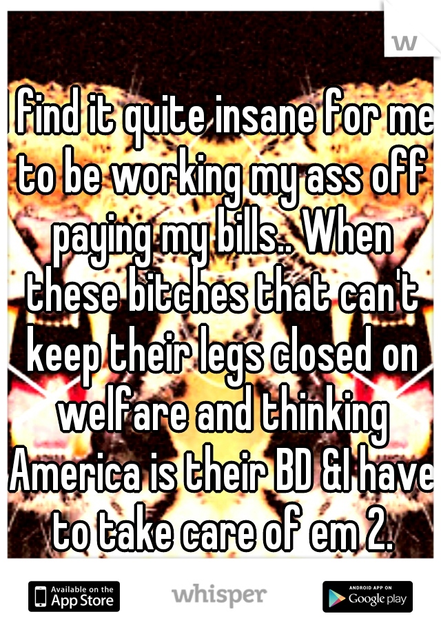 I find it quite insane for me to be working my ass off paying my bills.. When these bitches that can't keep their legs closed on welfare and thinking America is their BD &I have to take care of em 2.