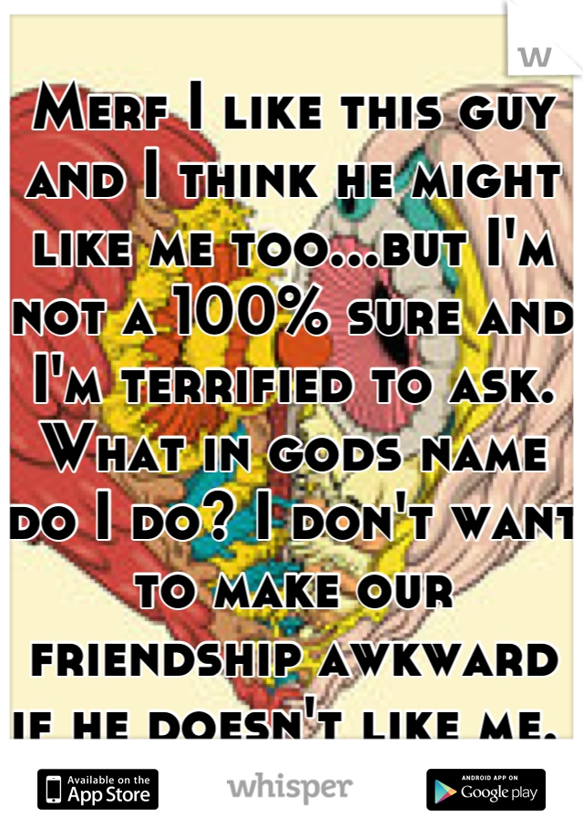 Merf I like this guy and I think he might like me too...but I'm not a 100% sure and I'm terrified to ask.
What in gods name do I do? I don't want to make our friendship awkward if he doesn't like me. 