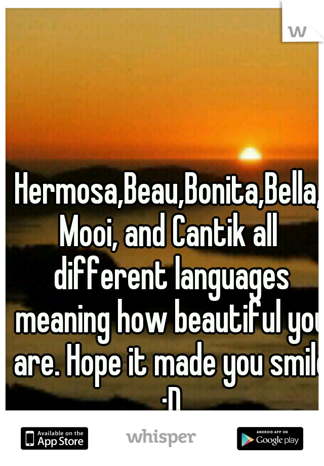 Hermosa,Beau,Bonita,Bella,Mooi, and Cantik all different languages meaning how beautiful you are. Hope it made you smile :D