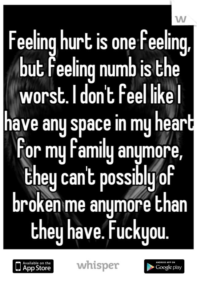 Feeling hurt is one feeling, but feeling numb is the worst. I don't feel like I have any space in my heart for my family anymore, they can't possibly of broken me anymore than they have. Fuckyou.