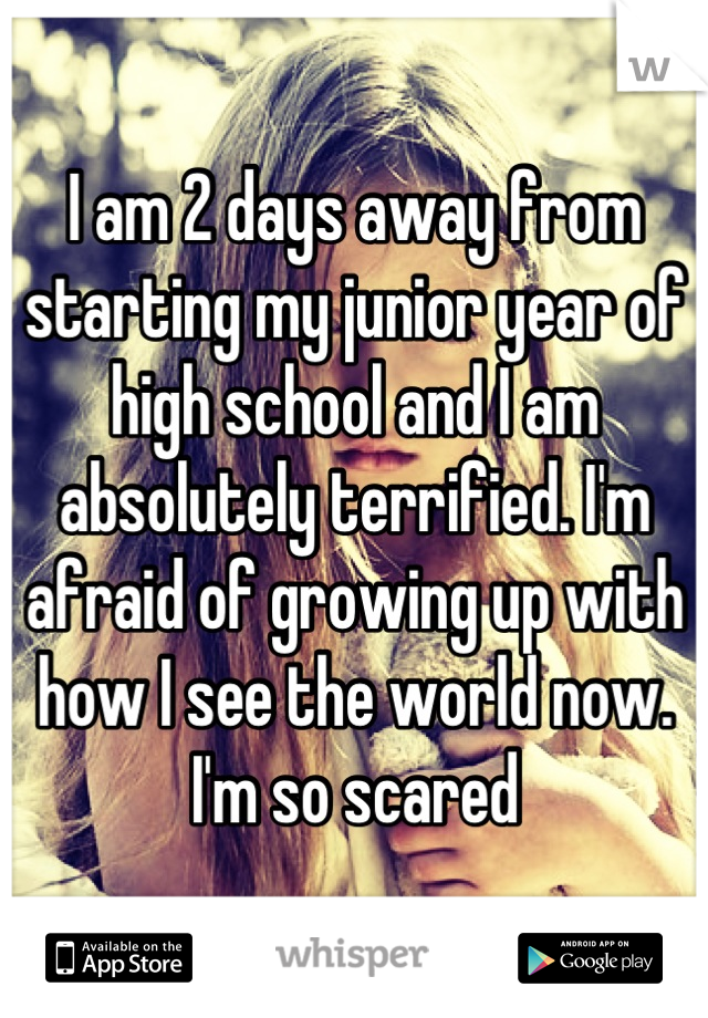 I am 2 days away from starting my junior year of high school and I am absolutely terrified. I'm afraid of growing up with how I see the world now. I'm so scared