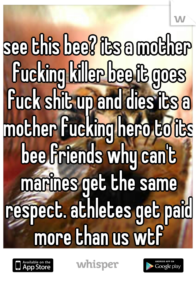 see this bee? its a mother fucking killer bee it goes fuck shit up and dies its a mother fucking hero to its bee friends why can't marines get the same respect. athletes get paid more than us wtf