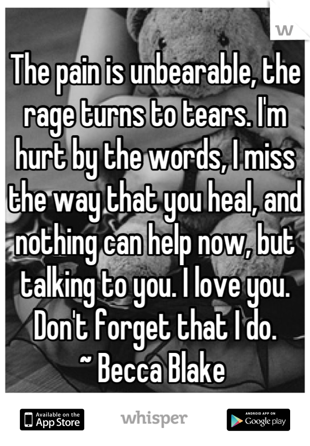 The pain is unbearable, the rage turns to tears. I'm hurt by the words, I miss the way that you heal, and nothing can help now, but talking to you. I love you. Don't forget that I do.
~ Becca Blake 