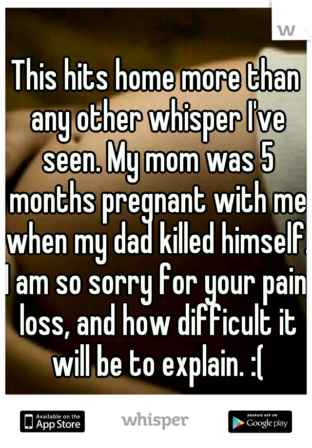 This hits home more than any other whisper I've seen. My mom was 5 months pregnant with me when my dad killed himself. I am so sorry for your pain, loss, and how difficult it will be to explain. :(