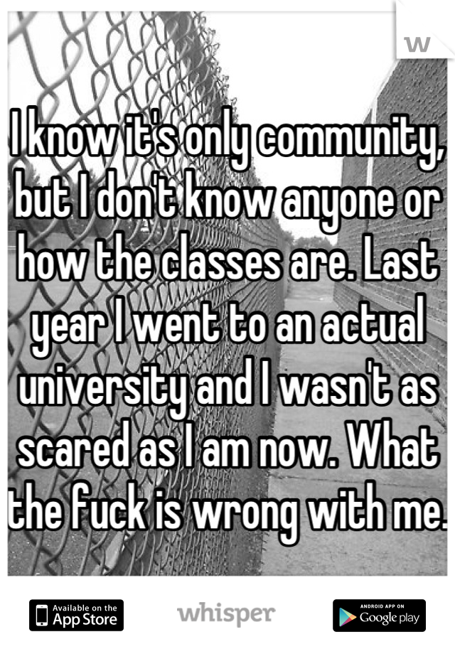 I know it's only community, but I don't know anyone or how the classes are. Last year I went to an actual university and I wasn't as scared as I am now. What the fuck is wrong with me. 