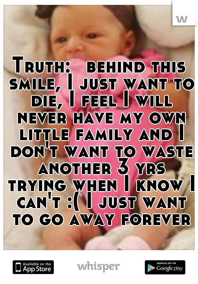 Truth: 
behind this smile, I just want to die, I feel I will never have my own little family and I don't want to waste another 3 yrs trying when I know I can't :( I just want to go away forever