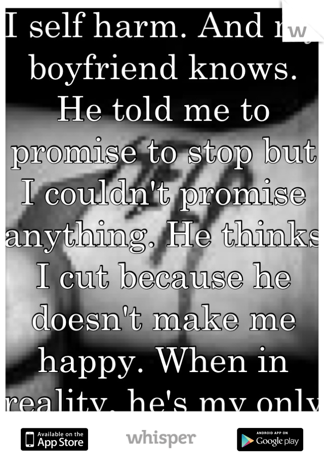 I self harm. And my boyfriend knows. He told me to promise to stop but I couldn't promise anything. He thinks I cut because he doesn't make me happy. When in reality, he's my only reason to smile. 