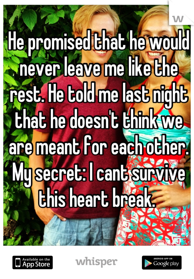 He promised that he would never leave me like the rest. He told me last night that he doesn't think we are meant for each other. My secret: I cant survive this heart break. 