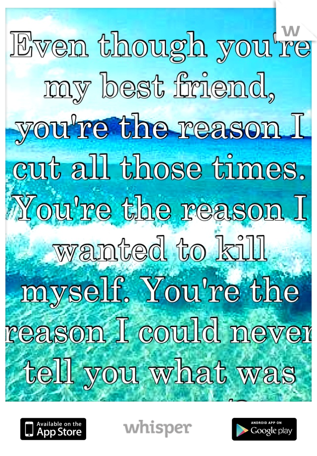 Even though you're my best friend, you're the reason I cut all those times. You're the reason I wanted to kill myself. You're the reason I could never tell you what was wrong... </3