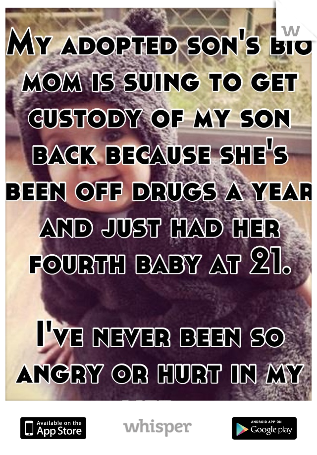 My adopted son's bio mom is suing to get custody of my son back because she's been off drugs a year and just had her fourth baby at 21.

I've never been so angry or hurt in my life.  