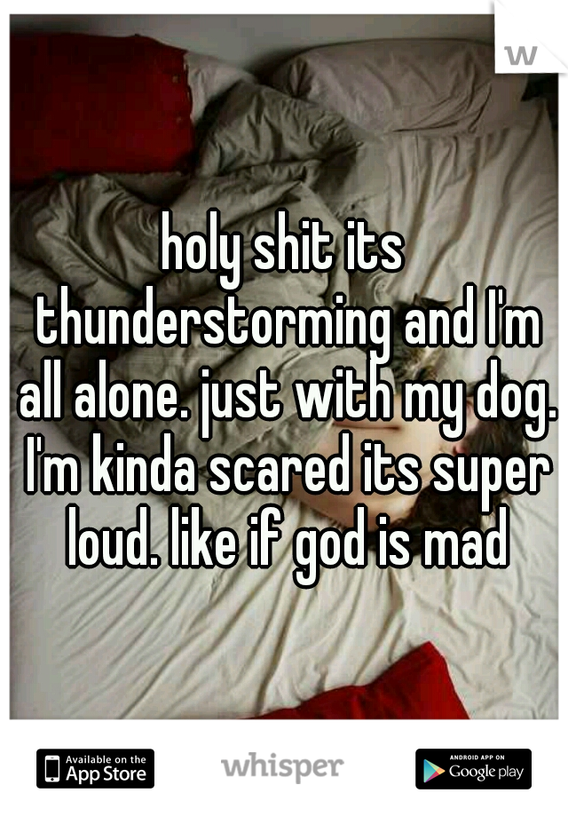 holy shit its thunderstorming and I'm all alone. just with my dog. I'm kinda scared its super loud. like if god is mad