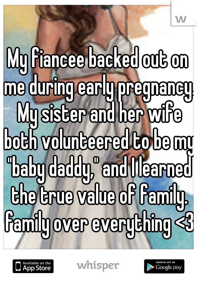 My fiancee backed out on me during early pregnancy. My sister and her wife both volunteered to be my "baby daddy," and I learned the true value of family. family over everything <3