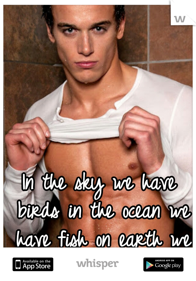 In the sky we have birds in the ocean we have fish on earth we have hot sexy men.