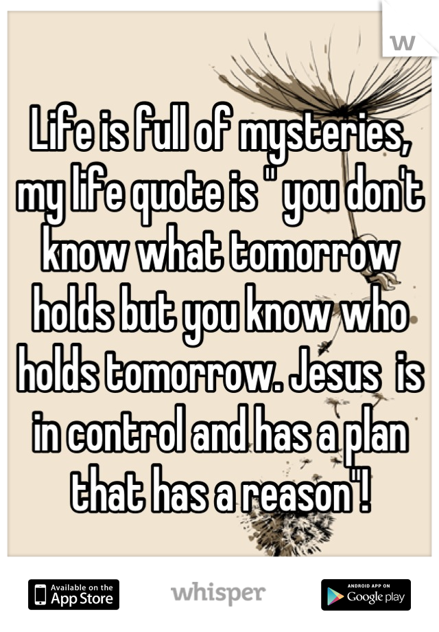 Life is full of mysteries, my life quote is " you don't know what tomorrow holds but you know who holds tomorrow. Jesus  is in control and has a plan that has a reason"!