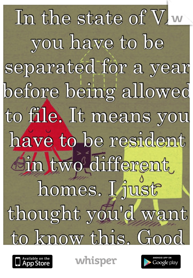 In the state of VA you have to be separated for a year before being allowed to file. It means you have to be resident in two different homes. I just thought you'd want to know this. Good luck. 