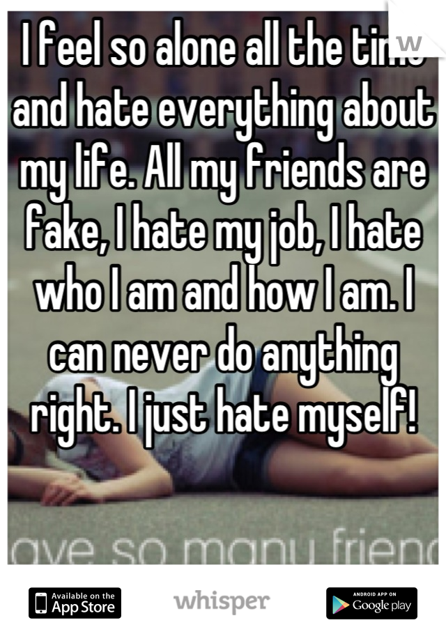 I feel so alone all the time and hate everything about my life. All my friends are fake, I hate my job, I hate who I am and how I am. I can never do anything right. I just hate myself!