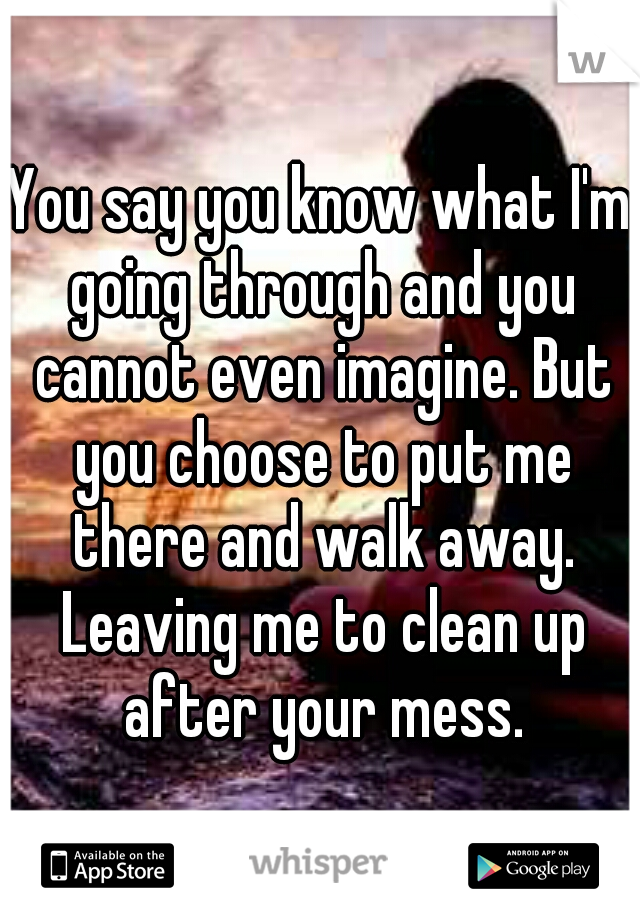 You say you know what I'm going through and you cannot even imagine. But you choose to put me there and walk away. Leaving me to clean up after your mess.