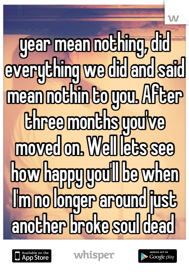 year mean nothing, did everything we did and said mean nothin to you. After three months you've moved on. Well lets see how happy you'll be when I'm no longer around just another broke soul dead 