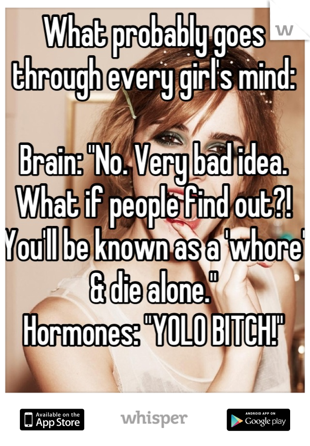 What probably goes through every girl's mind:

Brain: "No. Very bad idea. What if people find out?! You'll be known as a 'whore' & die alone."
Hormones: "YOLO BITCH!"