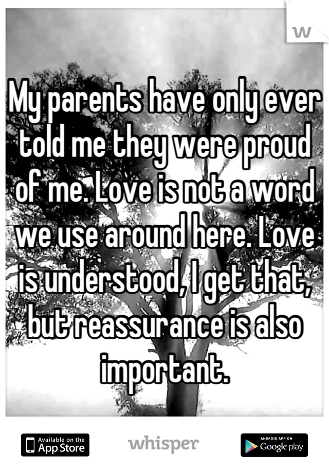 My parents have only ever told me they were proud of me. Love is not a word we use around here. Love is understood, I get that, but reassurance is also important.