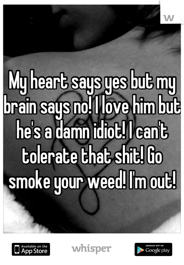 My heart says yes but my brain says no! I love him but he's a damn idiot! I can't tolerate that shit! Go smoke your weed! I'm out!