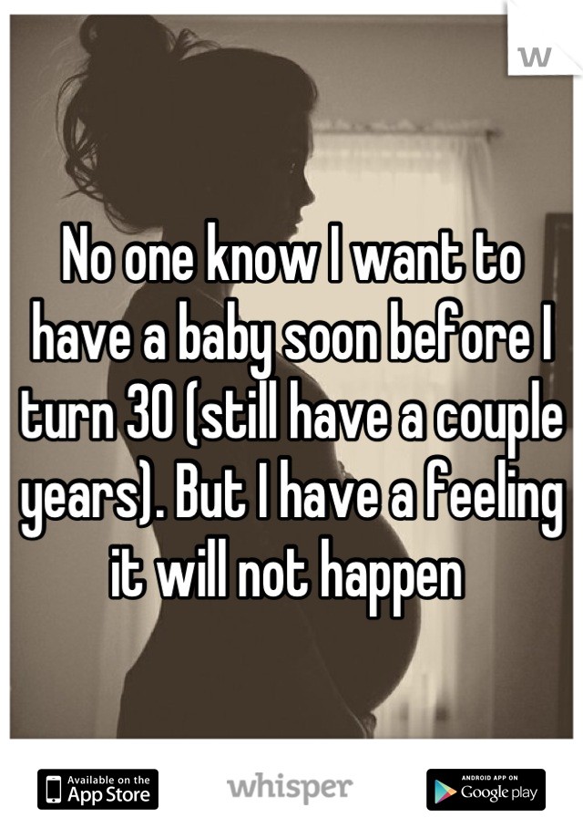 No one know I want to have a baby soon before I turn 30 (still have a couple years). But I have a feeling it will not happen 