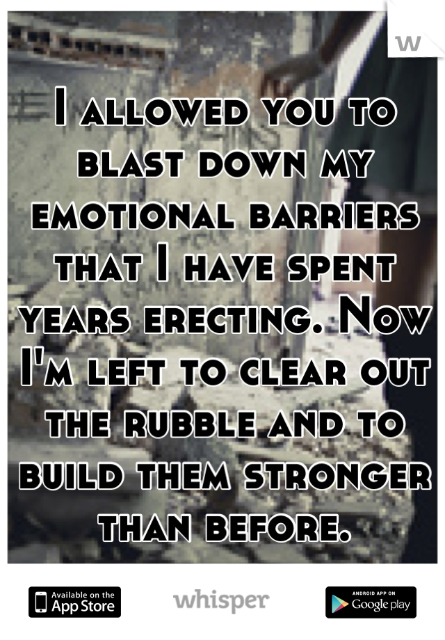 I allowed you to blast down my emotional barriers that I have spent years erecting. Now I'm left to clear out the rubble and to build them stronger than before.