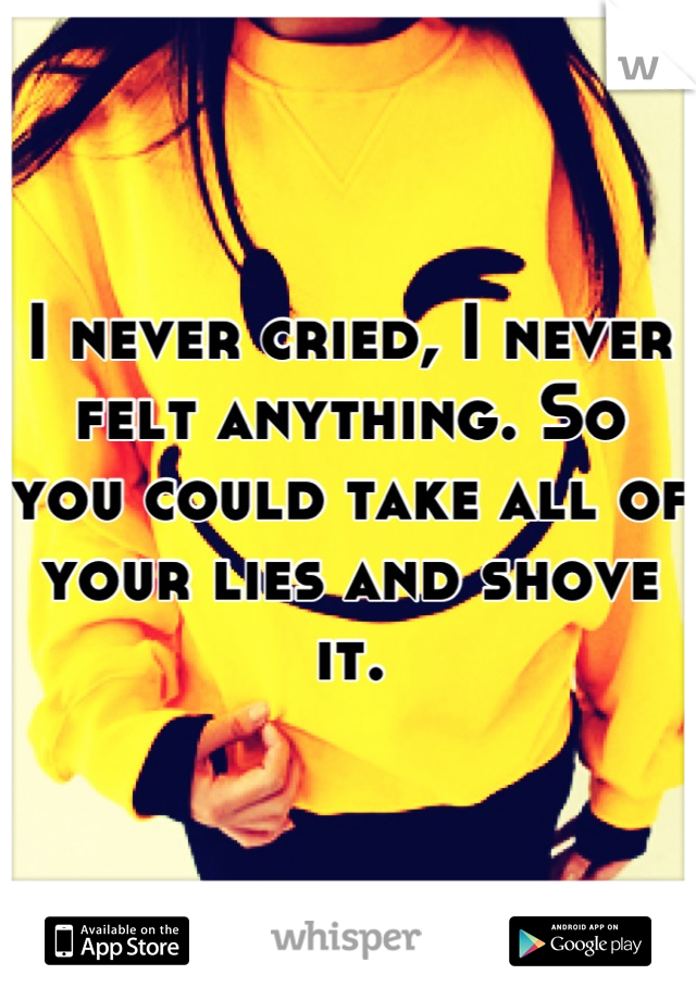 I never cried, I never felt anything. So you could take all of your lies and shove it.