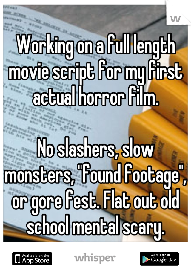 Working on a full length movie script for my first actual horror film.

No slashers, slow monsters, "found footage", or gore fest. Flat out old school mental scary.