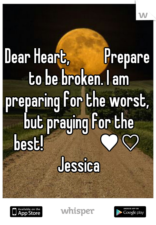 Dear Heart,

      Prepare to be broken. I am preparing for the worst,  but praying for the best!


          ♥♡  Jessica