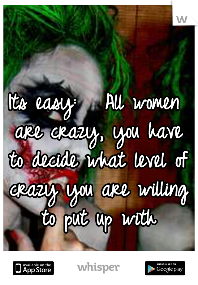 Its easy:

 All women are crazy, you have to decide what level of crazy you are willing to put up with