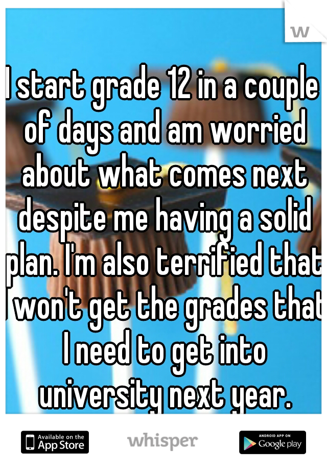 I start grade 12 in a couple of days and am worried about what comes next despite me having a solid plan. I'm also terrified that I won't get the grades that I need to get into university next year.