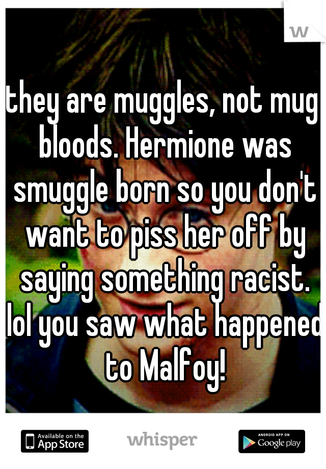 they are muggles, not mug bloods. Hermione was smuggle born so you don't want to piss her off by saying something racist. lol you saw what happened to Malfoy!