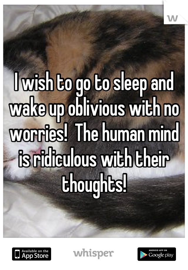 I wish to go to sleep and wake up oblivious with no worries!  The human mind is ridiculous with their thoughts!