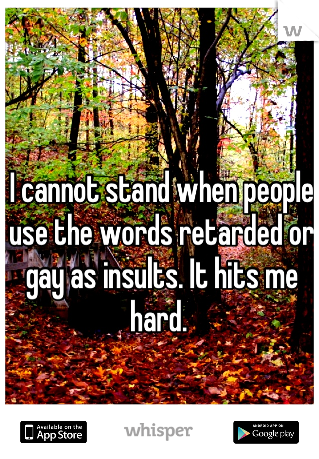 I cannot stand when people use the words retarded or gay as insults. It hits me hard. 