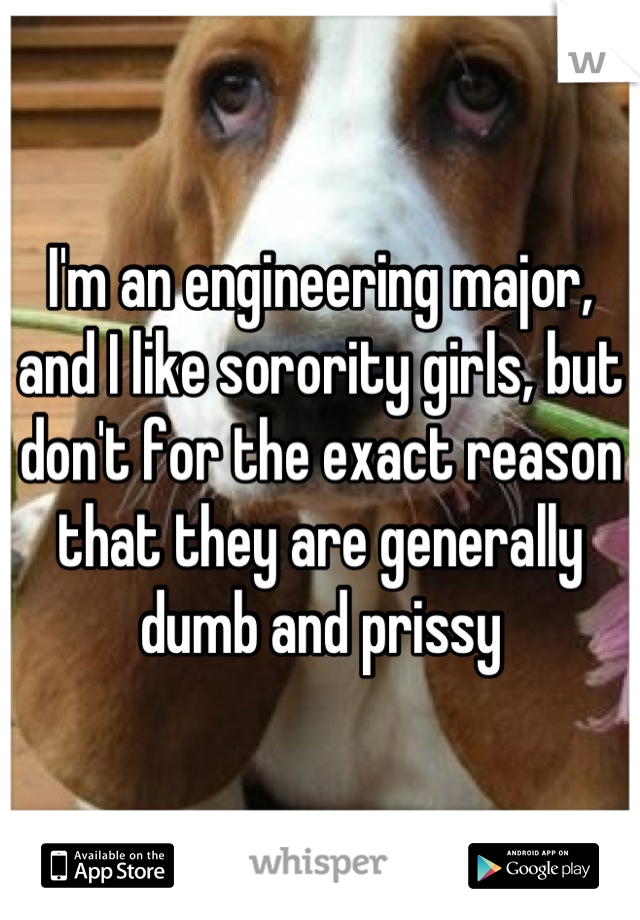 I'm an engineering major, and I like sorority girls, but don't for the exact reason that they are generally dumb and prissy